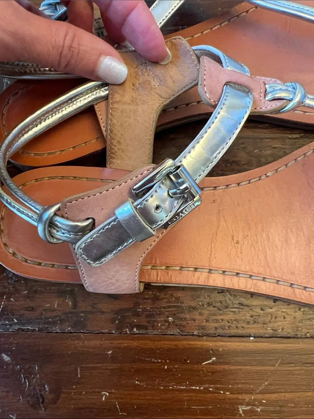 Coach Metallic Silver Leather T-Strap Sandals with Tan Footbed